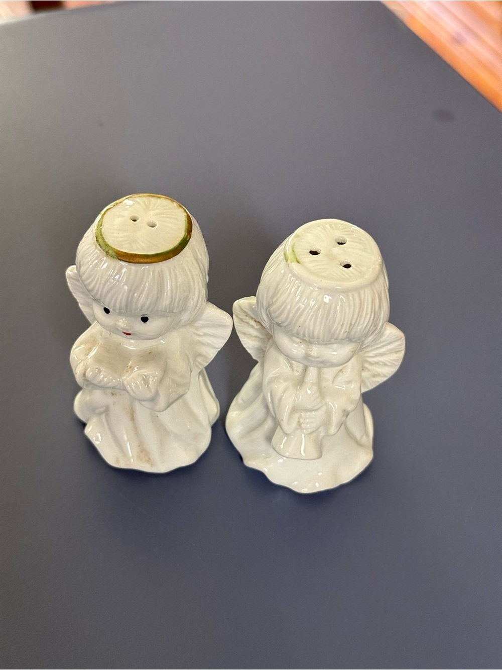 Vintage White Ceramic Angel Salt and Pepper Shakers with Gold Trim